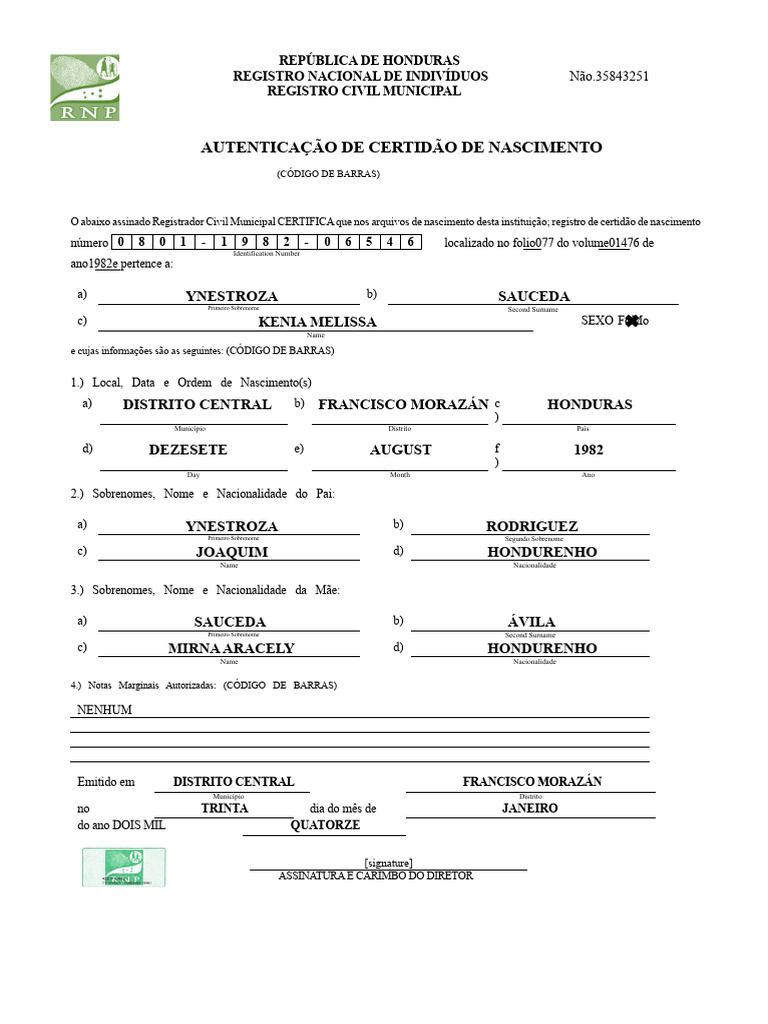 Certidão de Nascimento de Kenia Melissa | PDF | Honduras | Governo e ...
