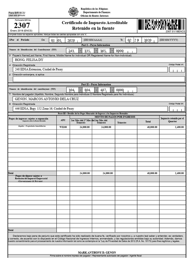 Certificado de Impuesto Acreditable BIR 2307 | PDF | Impuestos | Interés