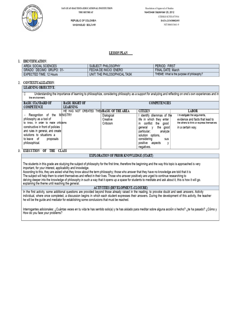 Philosophy Lesson Plan for Tenth Grade | PDF | Methodology | Evaluation