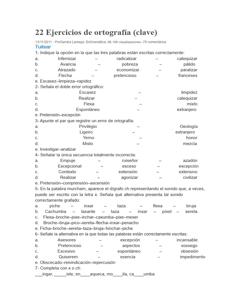 22 Ejercicios de Ortografía y Respuestas | PDF | Lingüística | Ortografía