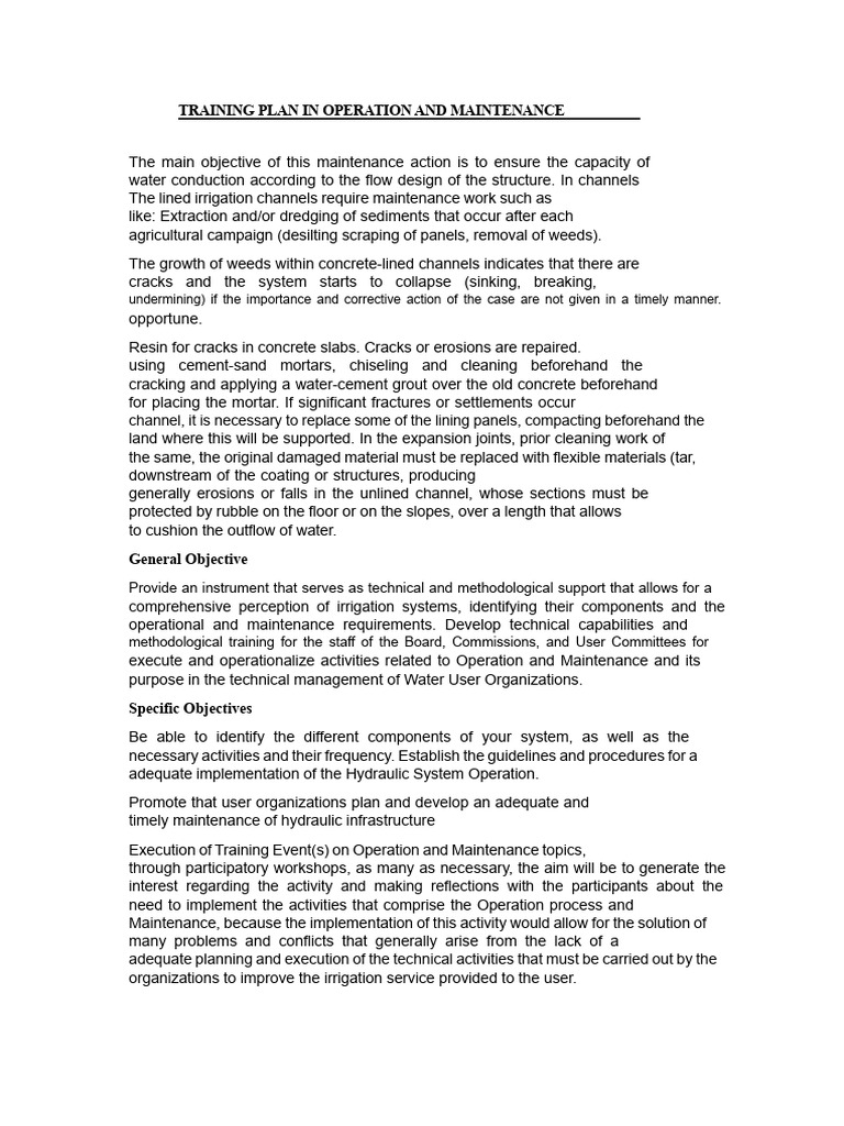 Training Plan For Operation and Maintenance | PDF | Erosion | Concrete