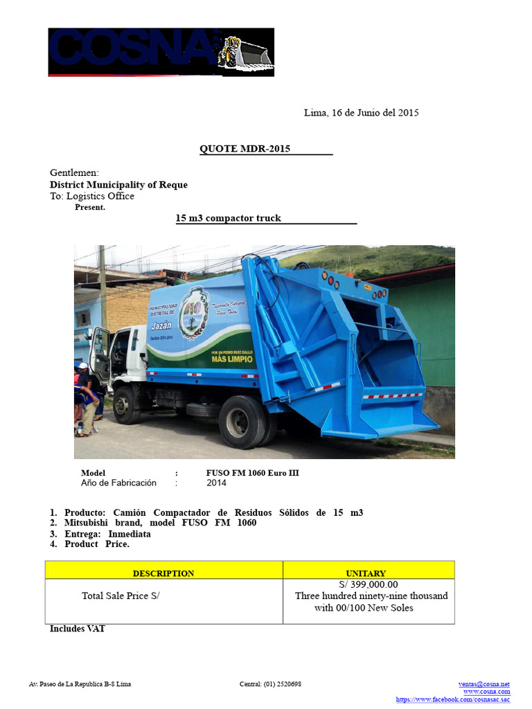 15m³ Mitsubishi Fuso Compactor Truck | PDF | Truck | Brake