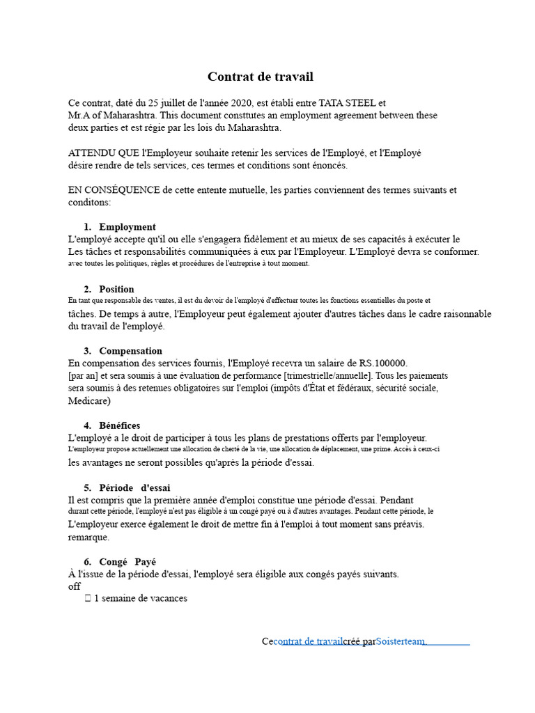 Contrat de travail TATA STEEL 2020 | PDF