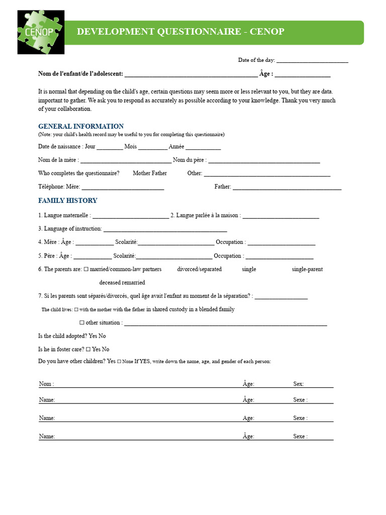 CENOP Child Development Questionnaire | PDF | Attention Deficit ...