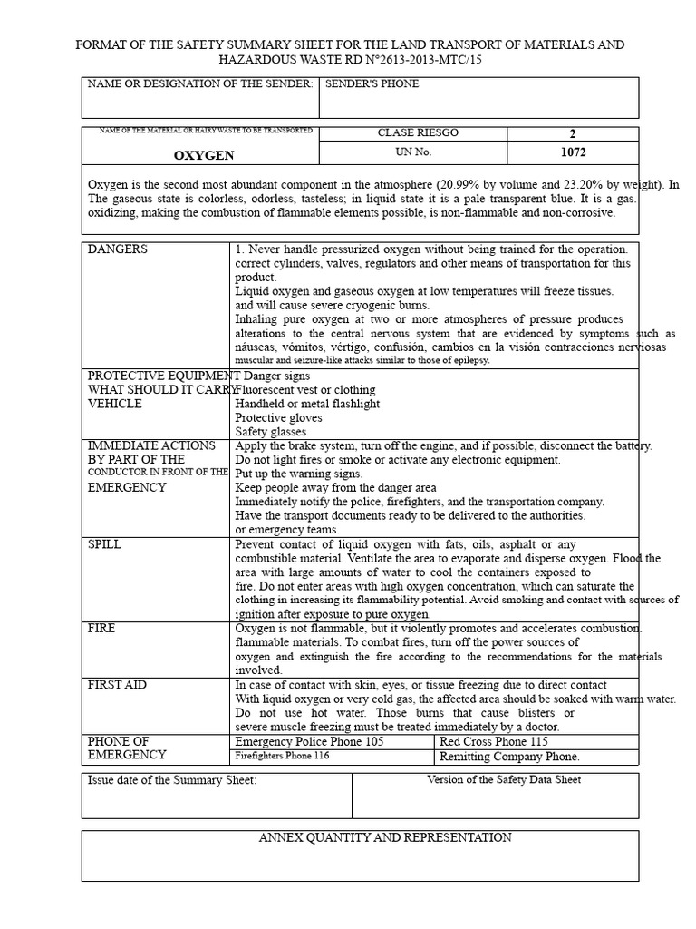 Format of The Safety Summary Sheet For The Land Transport of Hazardous ...