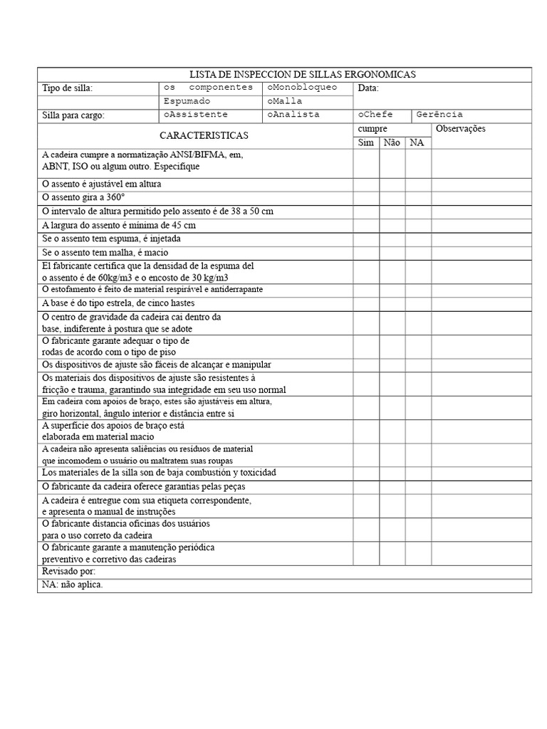 Inspeção de Cadeiras Ergonômicas: Checklist | PDF