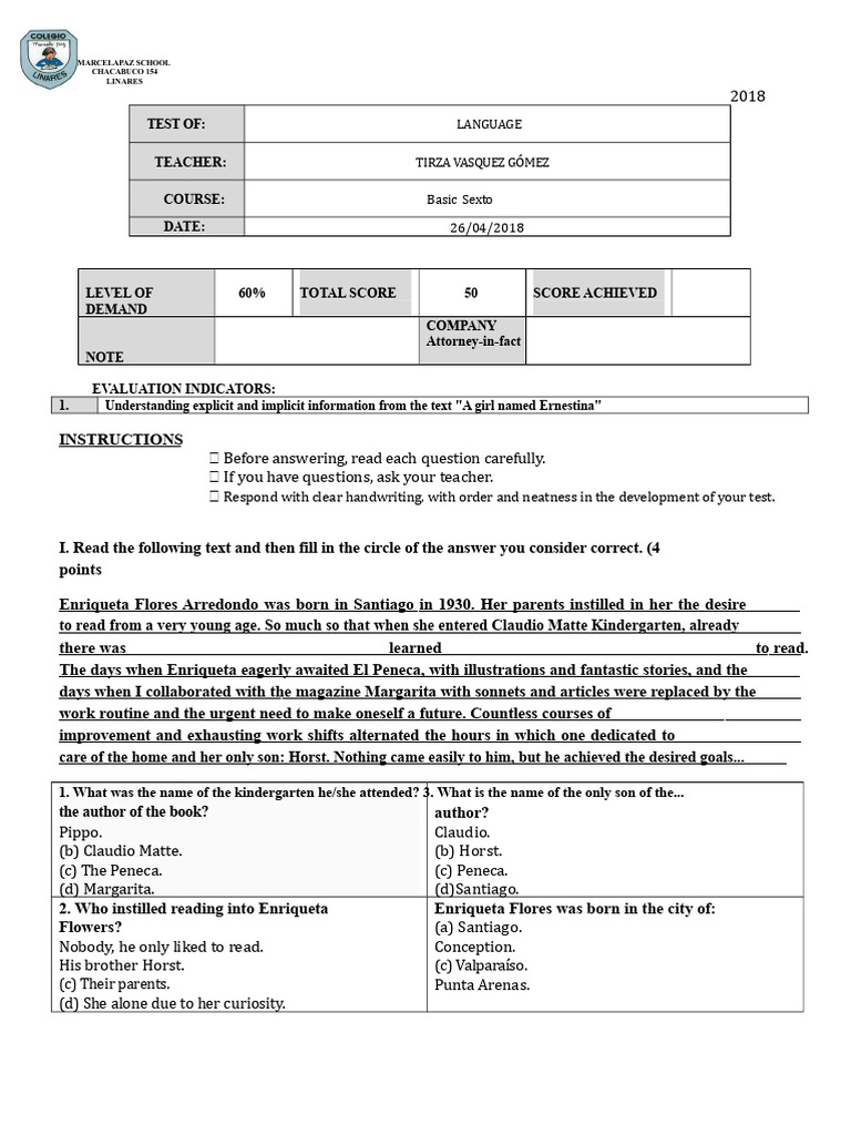 Language Test for Sixth Grade Students | PDF