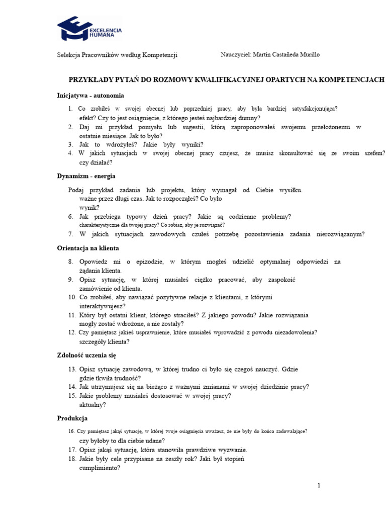 Przykłady Pytań Do Rozmowy Kwalifikacyjnej Opartej Na Kompetencjach | PDF