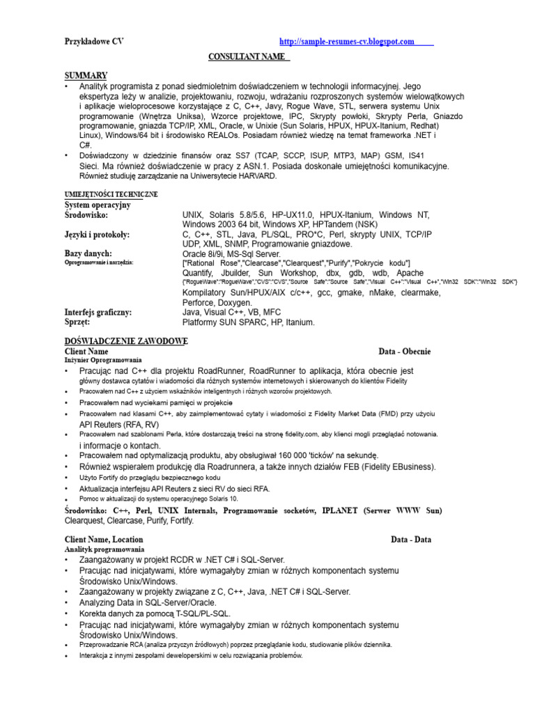 Programista C++ - Przykładowe CV - Życiorys | PDF
