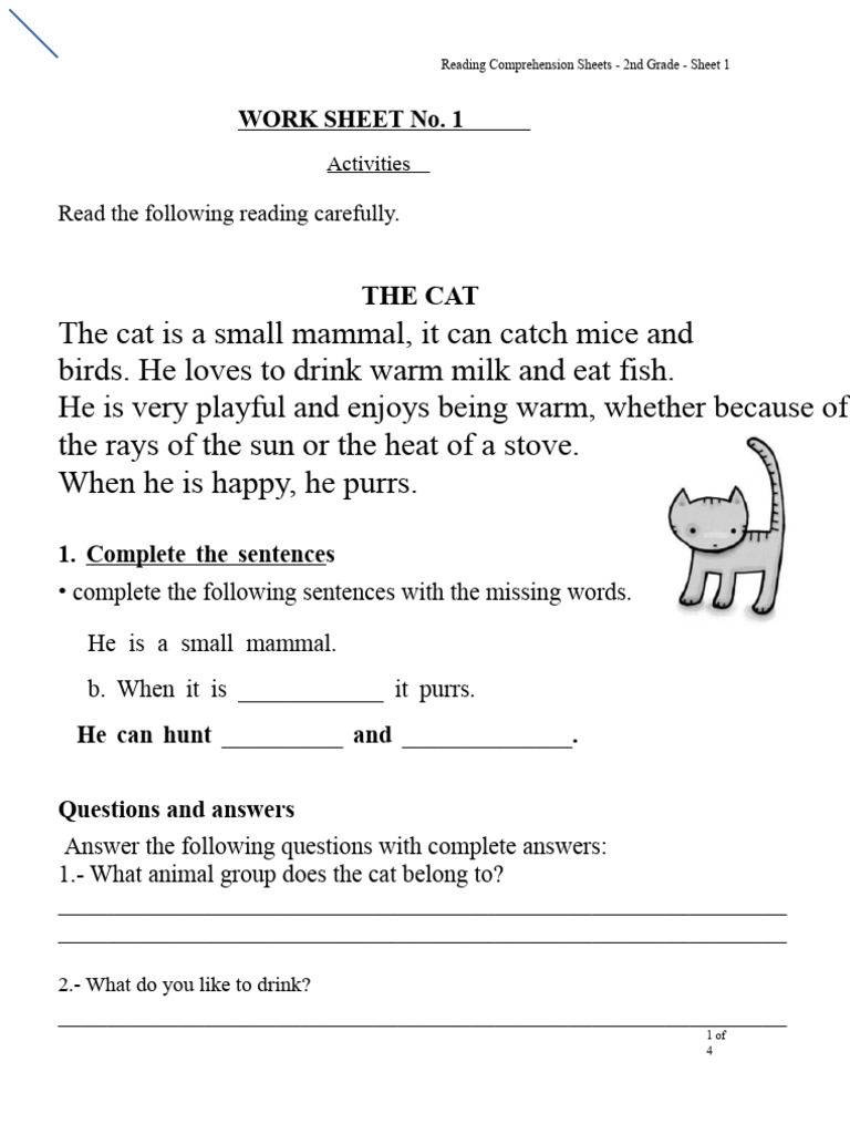 Reading Comprehension Worksheets 2nd Year Level 1 | PDF