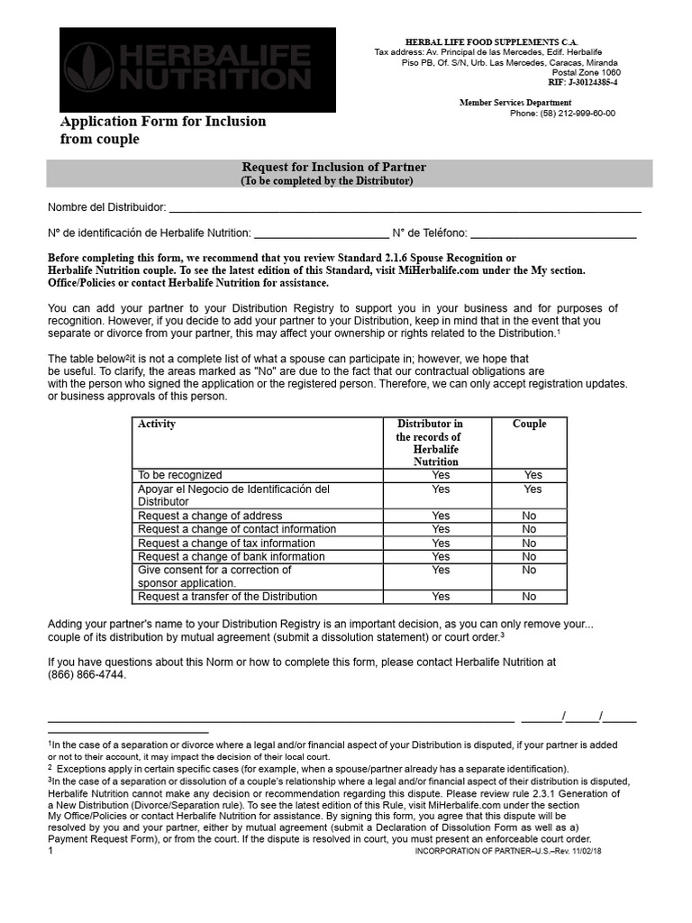 Herbalife Partner Inclusion Form | PDF | Divorce | Social Institutions