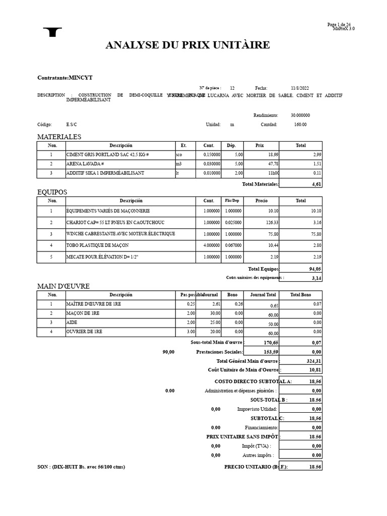 Analyse du Prix Unitaire de Construction | PDF | Matériaux de ...