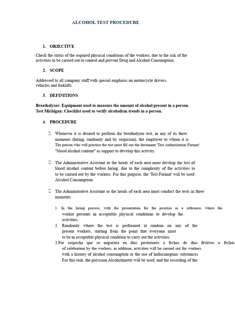 Alcohol Testing Procedure | PDF