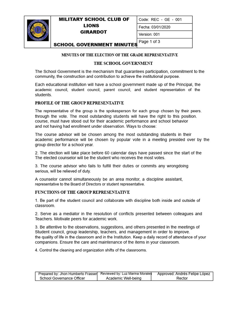 Minutes of The Selection of Grade Representative February 7, 2020 | PDF ...