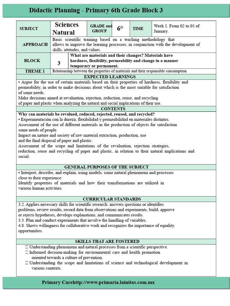 6th Grade Plan - Block 3 Natural Sciences (2016-2017) | PDF | Science ...