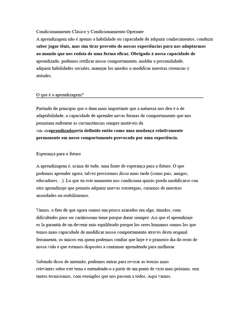 Condicionamento Clássico e Operante Explicados | PDF | Reforço ...