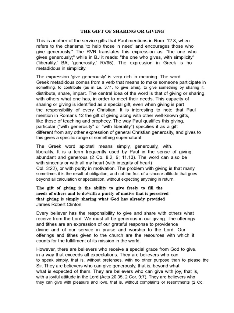 The Gift of Distributing or Giving | PDF | Generosity | Religious ...