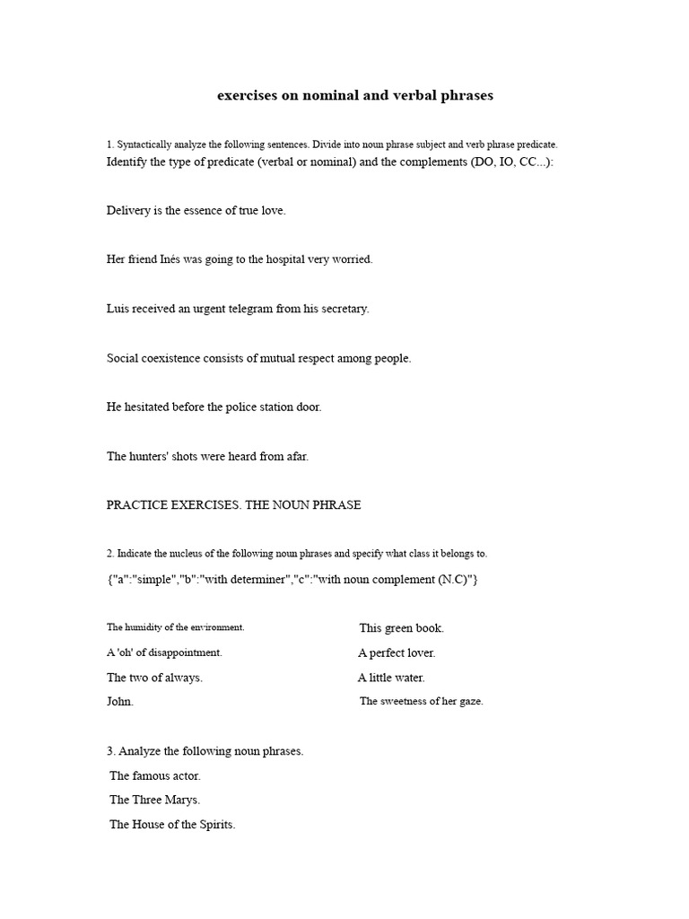 Exercises On Noun and Verb Phrases | PDF | Phrase | Verb