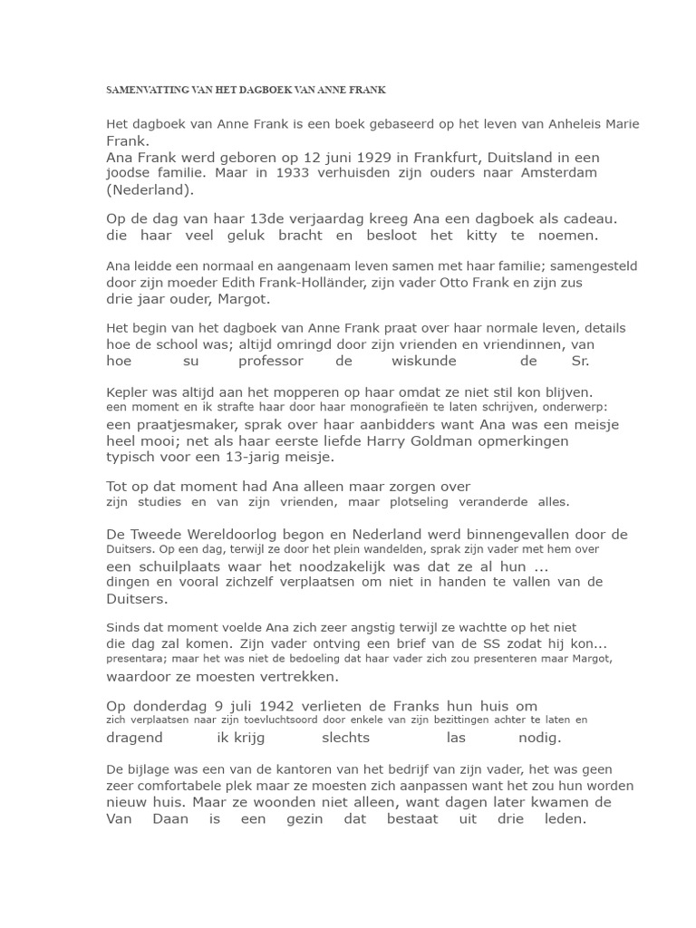Samenvatting Het Dagboek Van Anne Frank | PDF