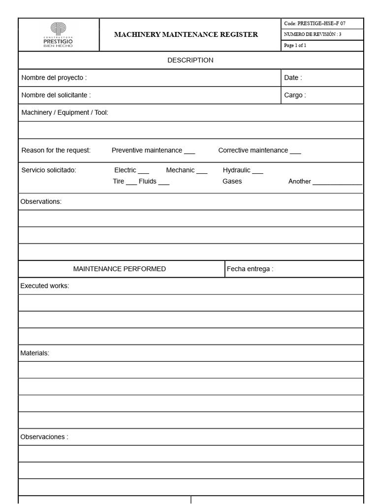 Machinery Maintenance Register Template | PDF