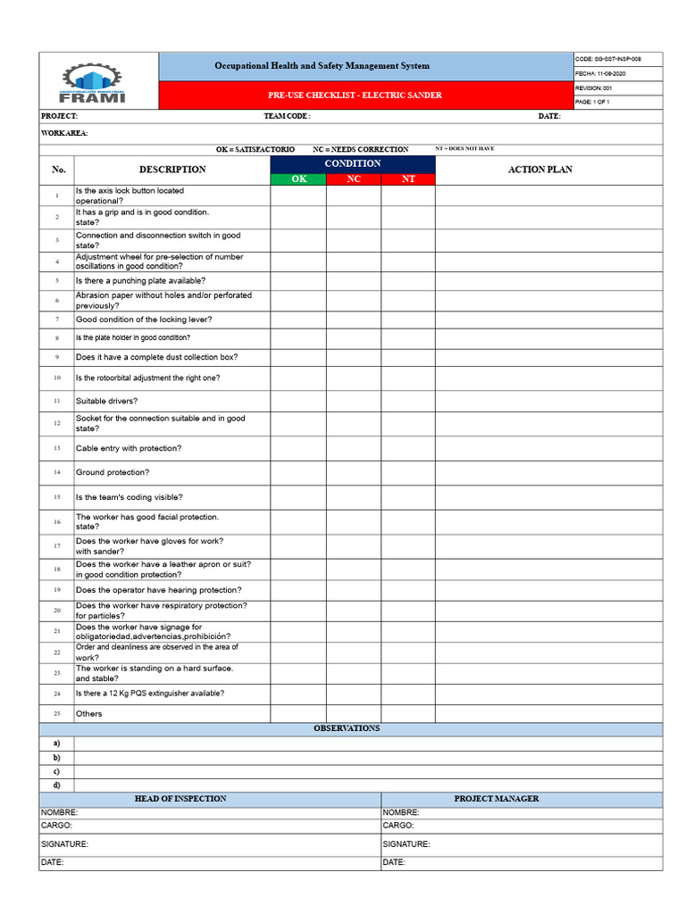 Electric Sander Pre-Use Safety Checklist | PDF