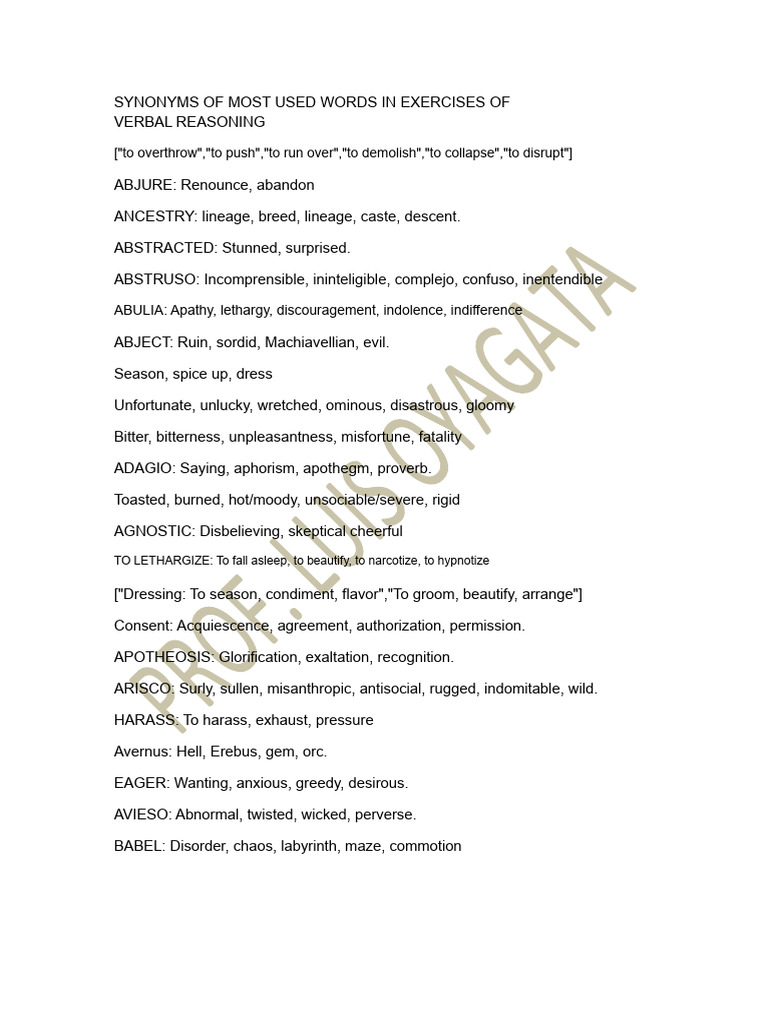 Synonyms of Most Used Words in Verbal Reasoning Exercises | PDF