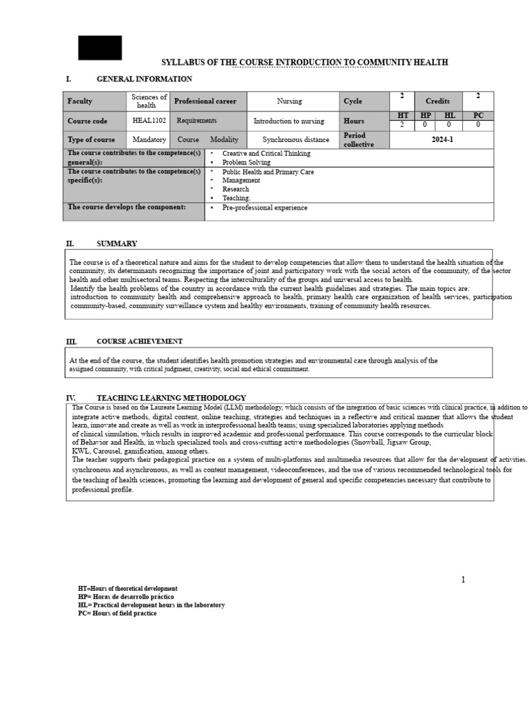 Community Health Course Syllabus | PDF | Methodology | Educational ...