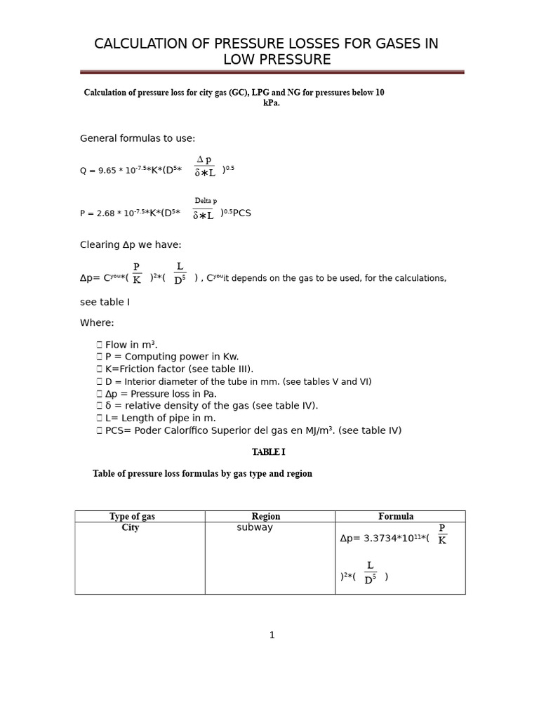 Calculation of Pressure Drop For GC, LPG, and NG For Pressures Below 10 ...