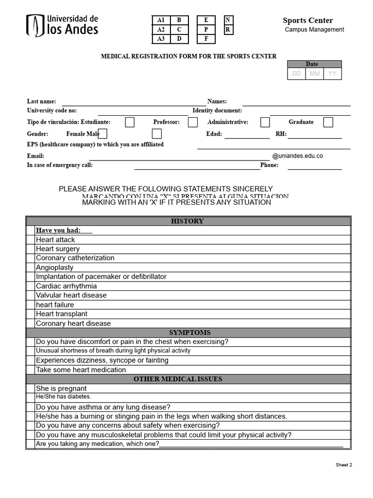 Medical Registration Form For The Sports Center | PDF | Myocardial ...