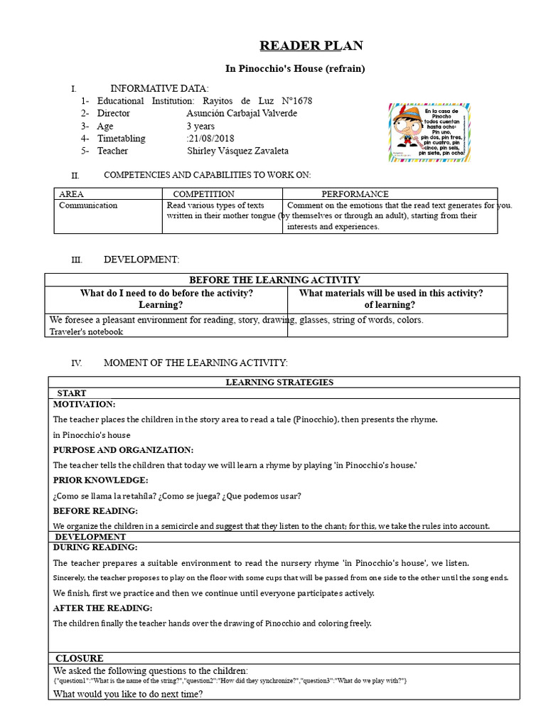 Reading Plan - in Pinocchio's House (Retahila) | PDF | Learning