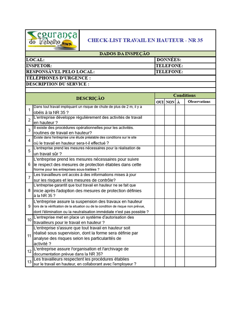 Check-list NR 35 pour travail en hauteur | PDF | Gestion des risques ...