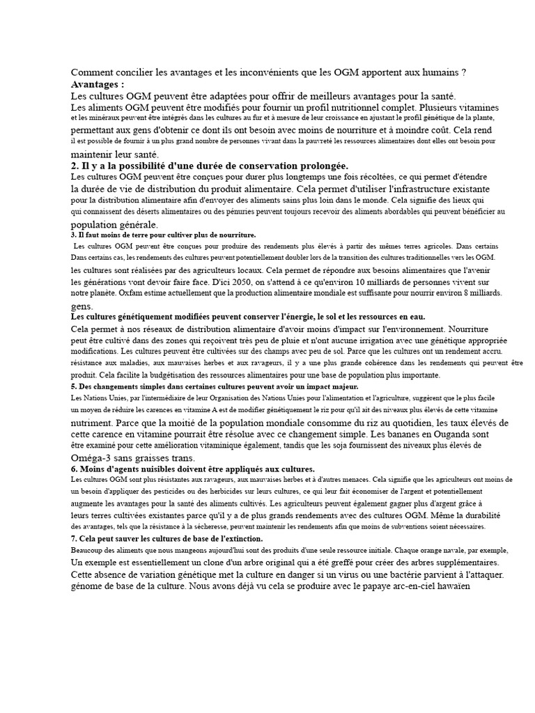 Avantages et inconvénients des OGM PDF Organisme génétiquement — free download