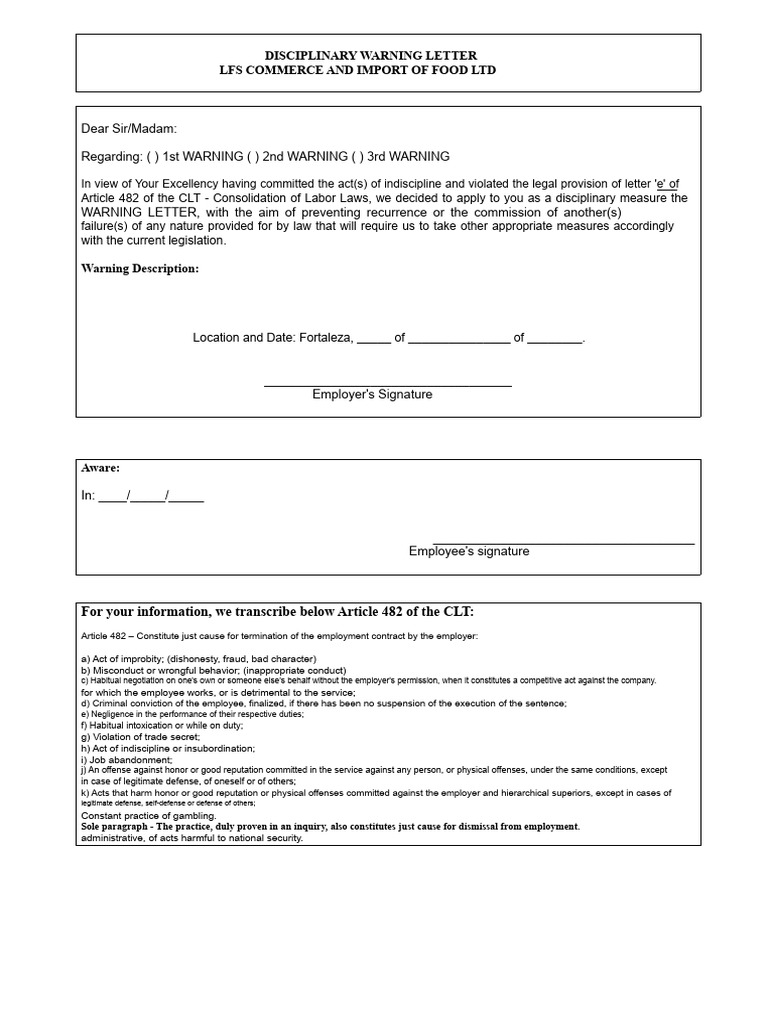 Disciplinary Warning Letter Models | PDF | Employment | Negligence