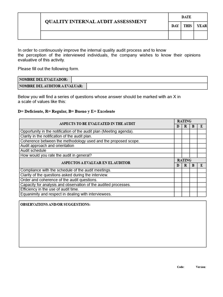 Internal Quality Audit Feedback Form | PDF