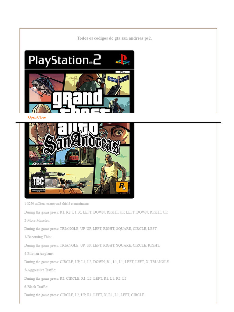 GTA San Andreas PS2 Cheat Codes List | PDF | Transport