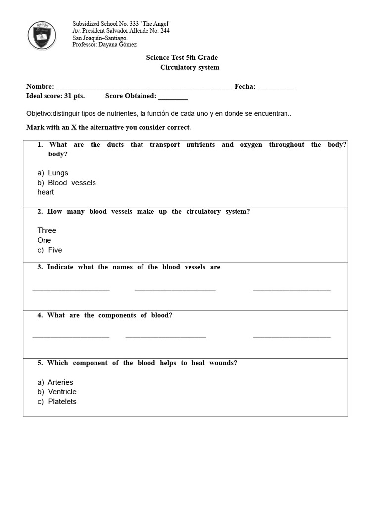 Science Test Circulatory System | PDF | Circulatory System | Heart