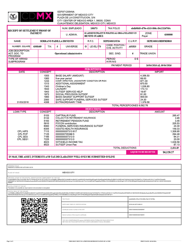 Receipt Payment CDMX Sepe560515hdfrdr03 | PDF | Business | Government ...