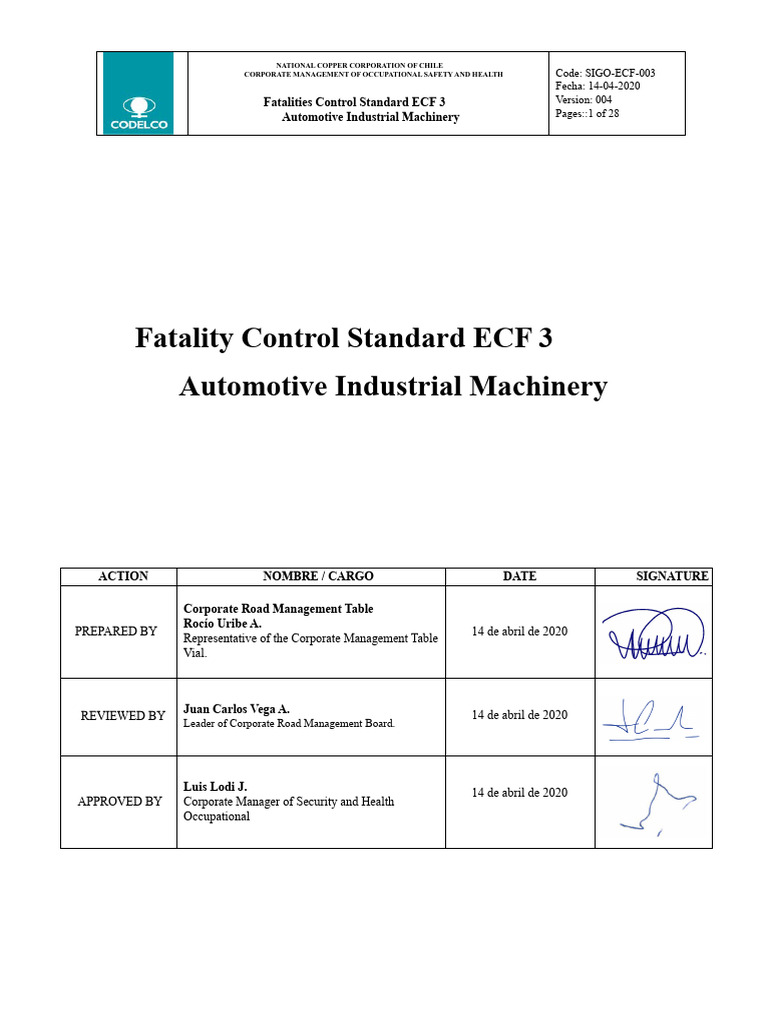 Copper Corp Fatality Control Standard | PDF | Occupational Safety And ...