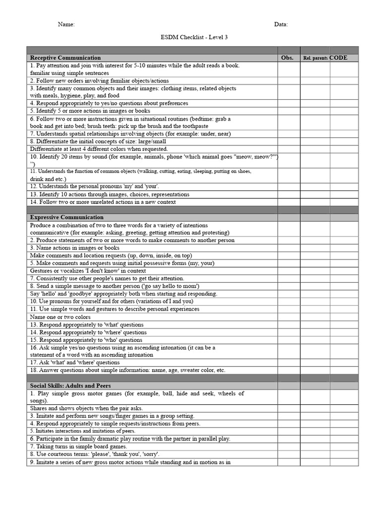 ESDM Level 3 Checklist for Communication Skills | PDF | Attention ...
