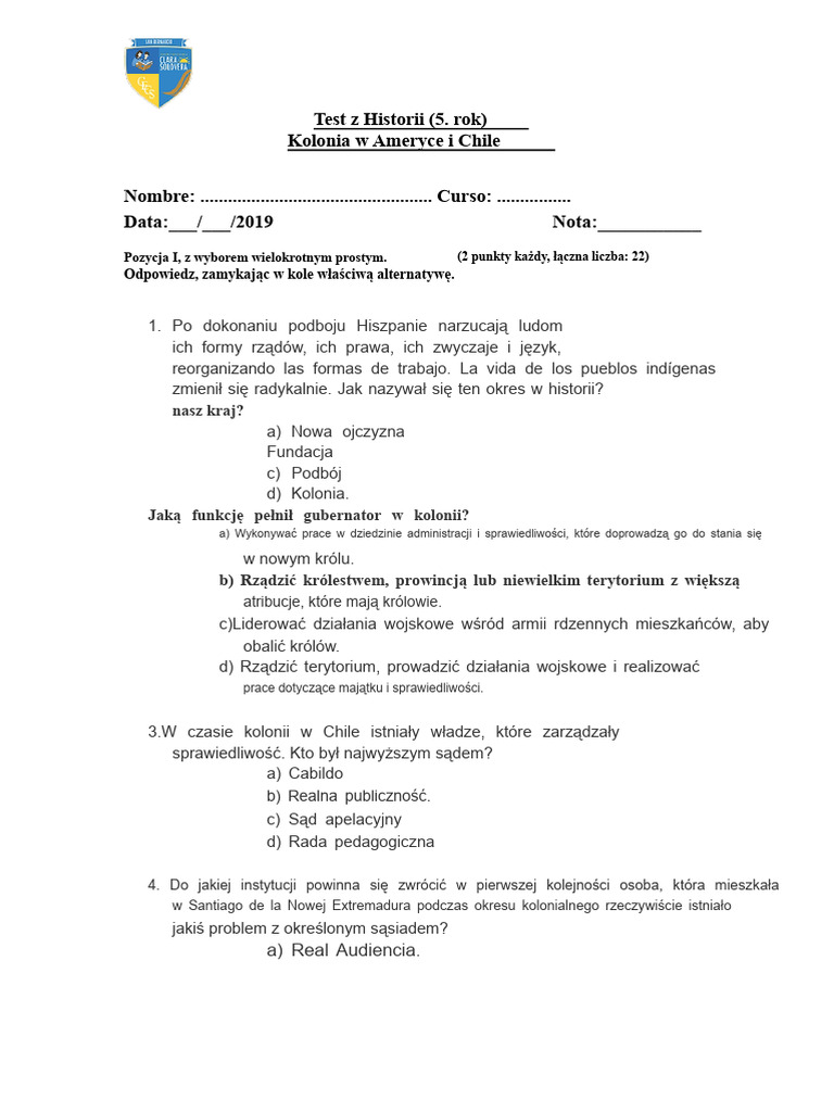 Test Z Historii, Klasa 5 | PDF