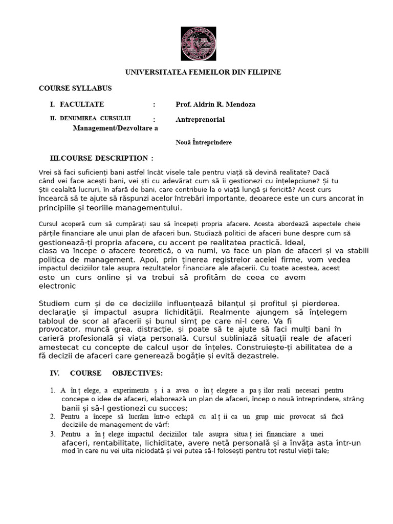 1097-Curriculum de Curs - Management Antreprenorial | PDF