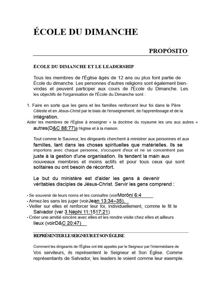 Leadership et fonctionnement de l'École du Dimanche | PDF | Paroisse ...