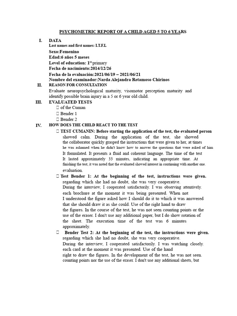 Psychometric Report for 6-Year-Old Child | PDF | Shyness | Cognitive ...
