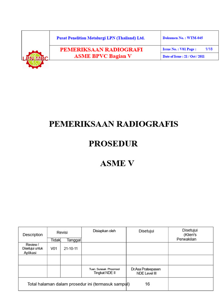 Prosedur Pemeriksaan Radiografi ASME V | PDF