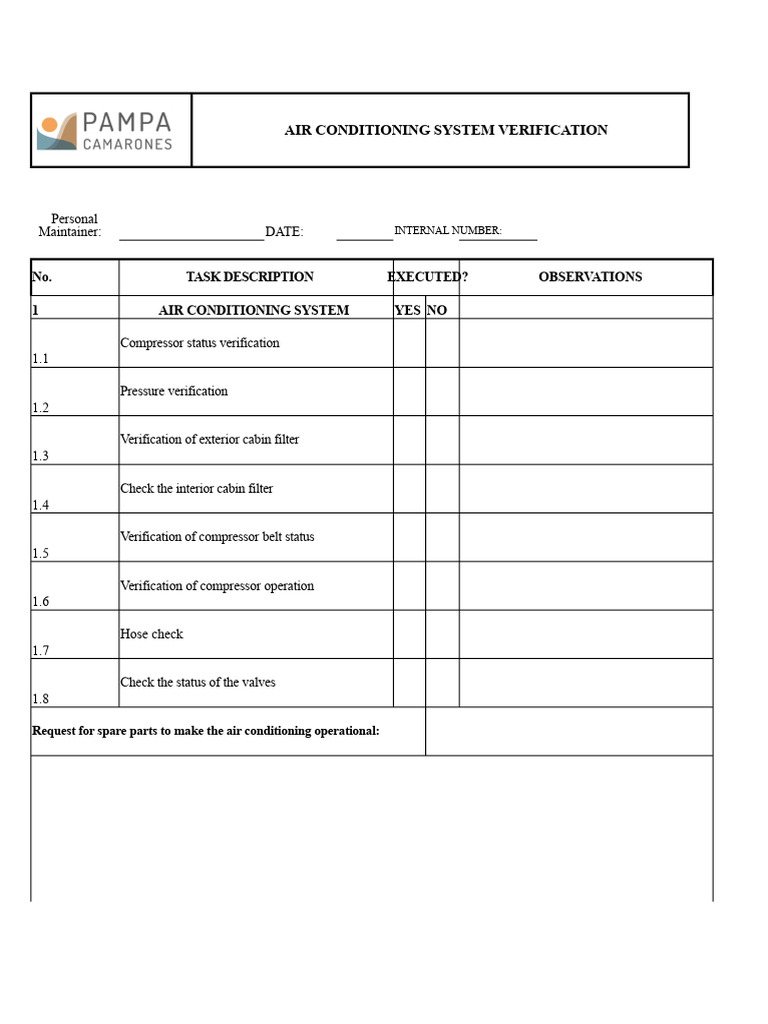 Air Conditioning System Verification Checklist | PDF