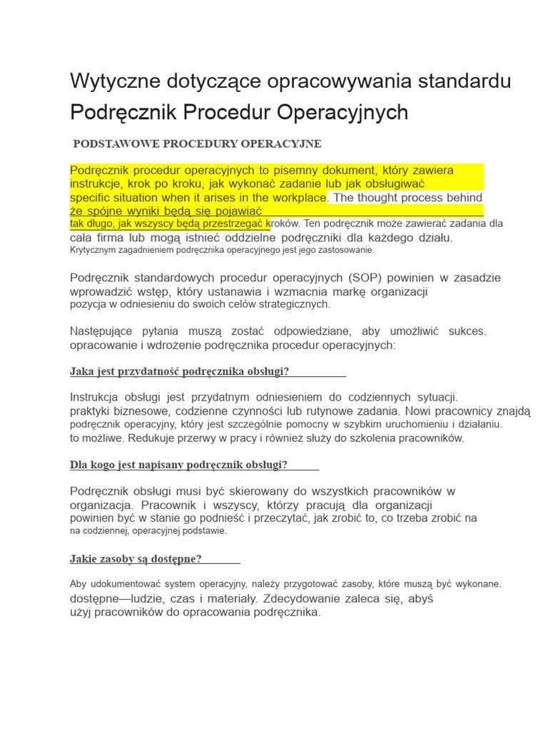 Podręcznik Standardowych Procedur Operacyjnych | PDF