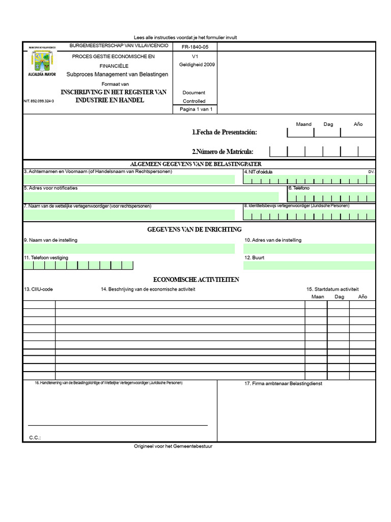 Inschrijvingsformulier Voor Het Register Van Industrie en Handel | PDF