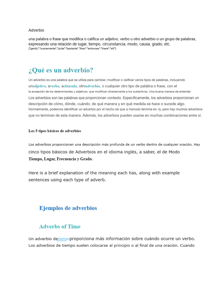 Tipos y Ejemplos de Adverbios | PDF | Palabra | Adverbio