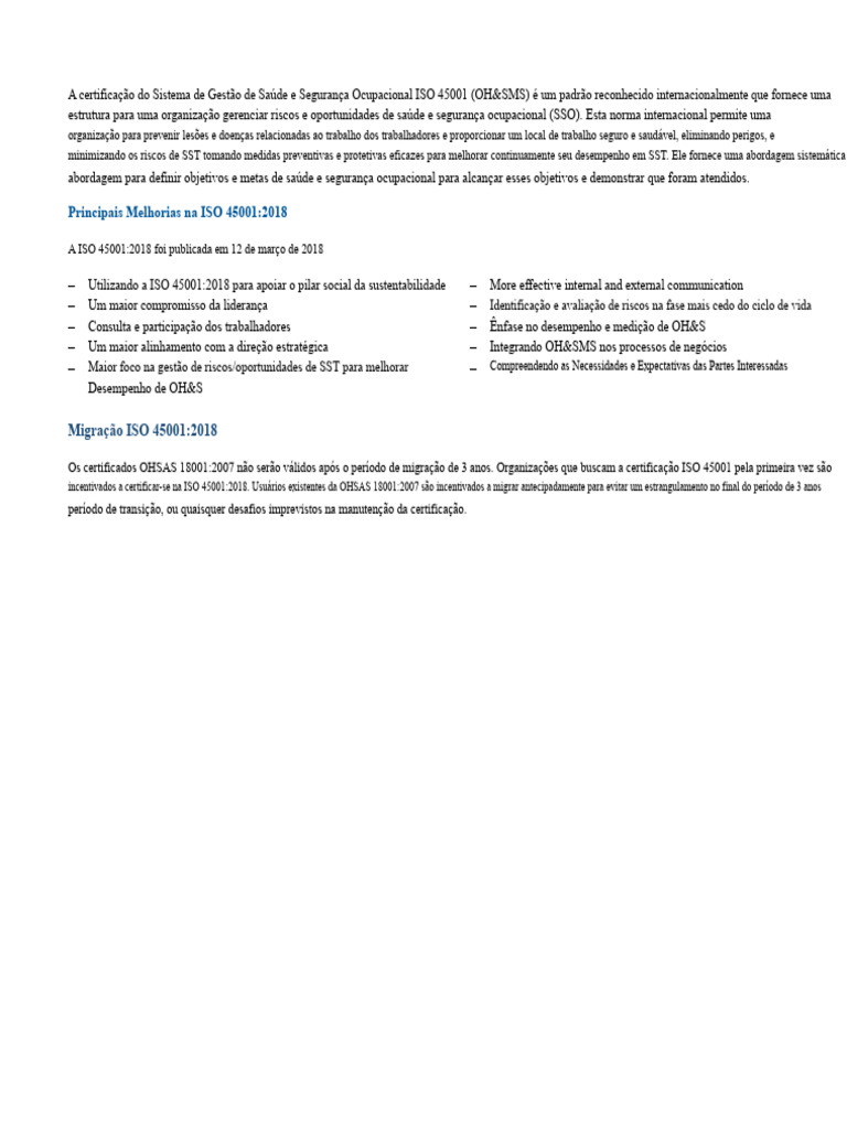Certificação ISO 45001:2018 em SSO | PDF