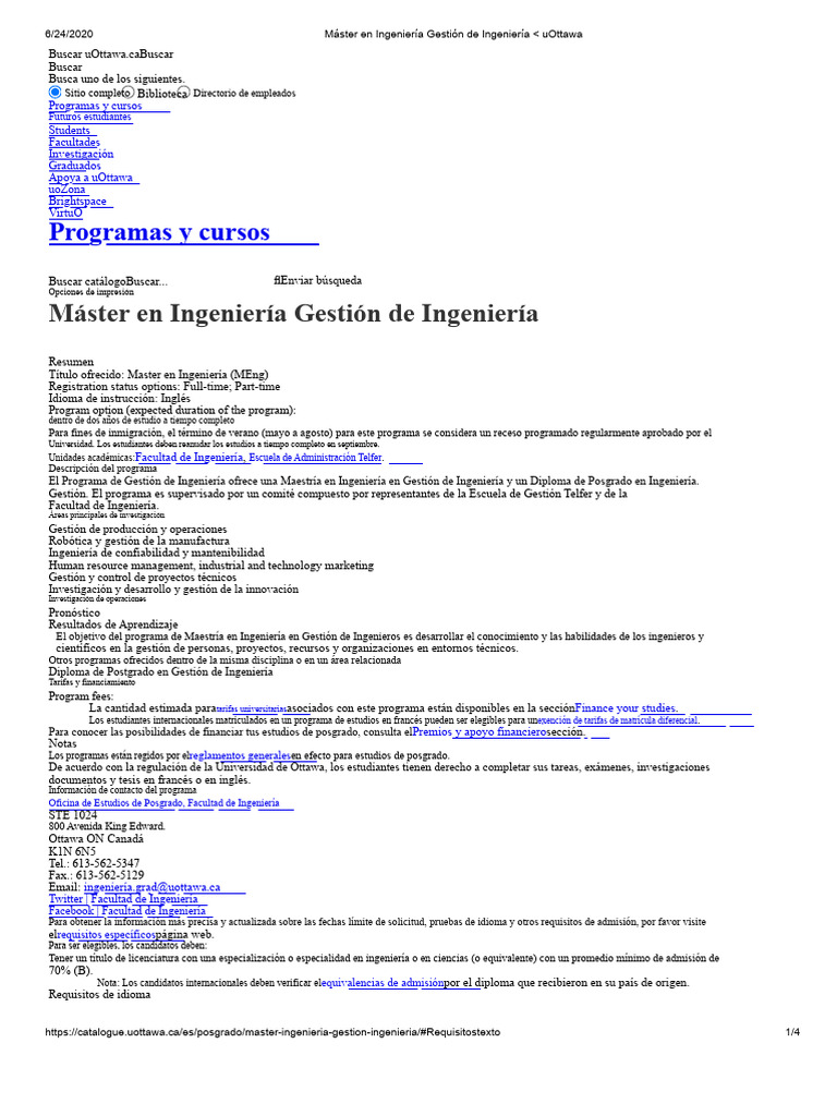 Maestría en Ingeniería Gestión de Ingeniería - Uottawa | PDF
